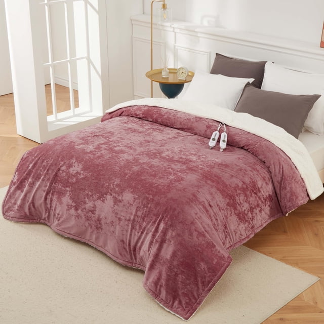 Bingirl Queen-Size Electric Velvet Soft Heated Blanket with Dual Controls, 4 Heat Settings, 10H Auto-Off, Machine Washable, ETL Certified, 84x90 Inch, Pink
