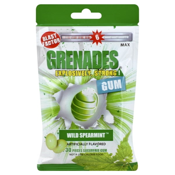 Grenades Explosively Strong Gum, Wild Spearmint, 30 Count (Pack of 12