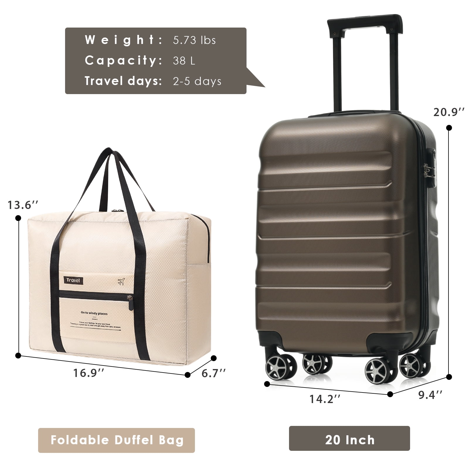 Hardshell ABS Carry-On Luggage with Spinner Wheels, Lightweight Travel Suitcase Set with Foldable Duffel Bag for Men & Women, 20Inch