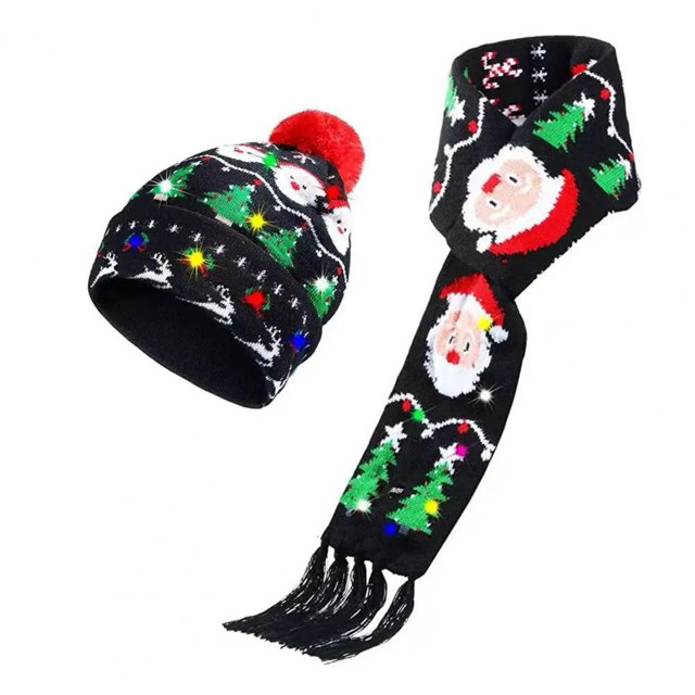 Conjunto de gorro y bufanda para niños, gorro de Navidad LED, copo de nieve, Papá Noel, alce, estampado de árbol de Navidad, gorro de invierno, bufanda festiva con borlas de Año Nuevo, conjunto de gor