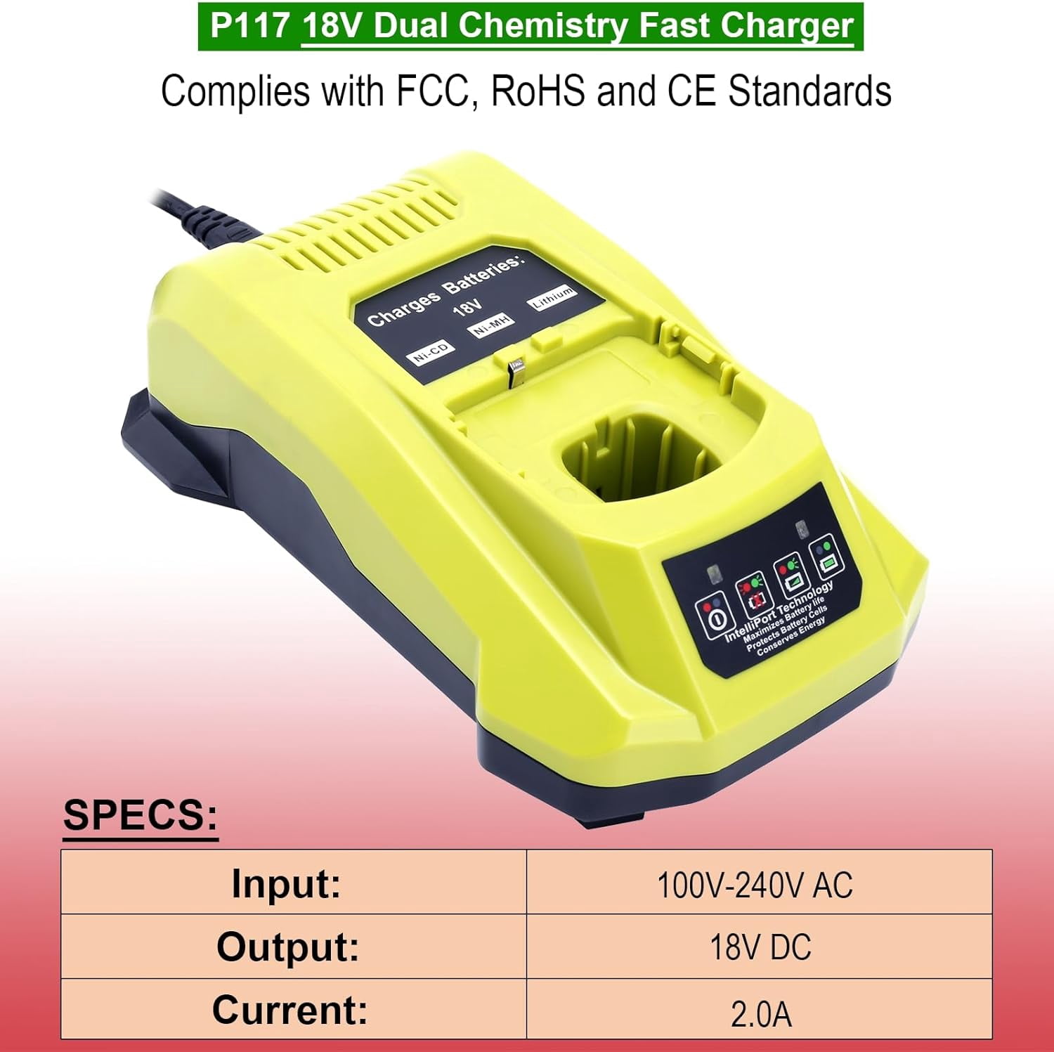 Compatible with Ryobi 18V Battery Charger, P117 Rapid Charger Compatible with Ryobi 12V-18V ONE+ Lithium, NI-CD & NI-MH Battery PBP2005 PBP002 PBP005 PBP006 P193 P108 P103 P102 P100