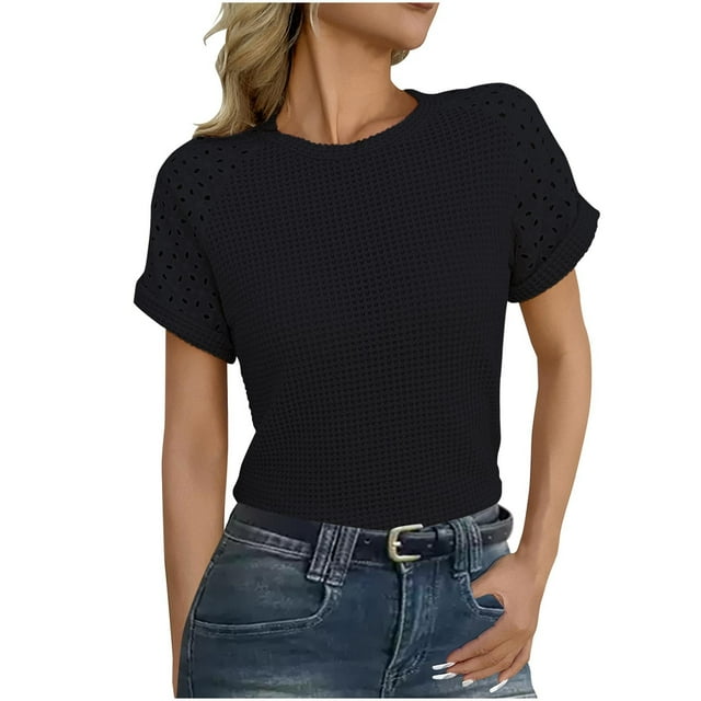 Camiseta de Cuello Redondo de Color Sólido Casual de la Mujer, Encaje Patchwork Manga Corta Superior para el Uso Diario