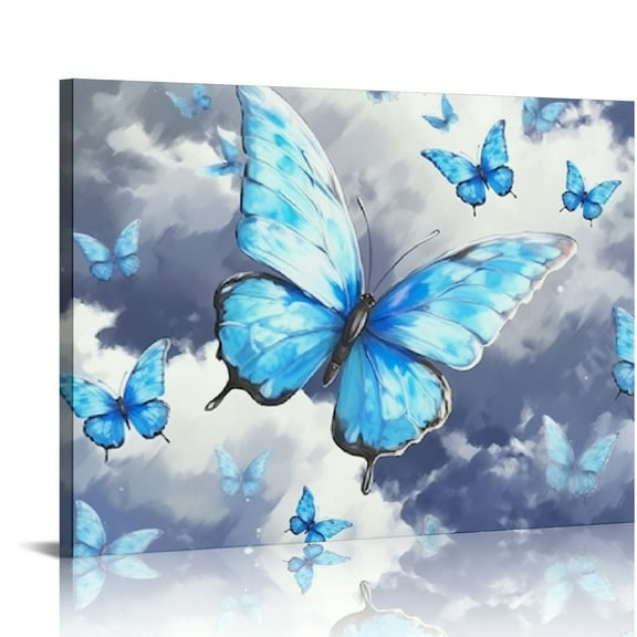 Creowell  Blue Butterfly Canvas Wall Art Decor Modern Watercolor Butterflies Painting Picture Print for Living Room Bedroom Bathroom Navy Blue Decorations 20x16 in/16x12 in