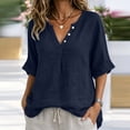 thumbnail image 3 of Tops for Women Casual 100% Cotton V-Neck Button Five-Quarter Sleeve Top, 3 of 8