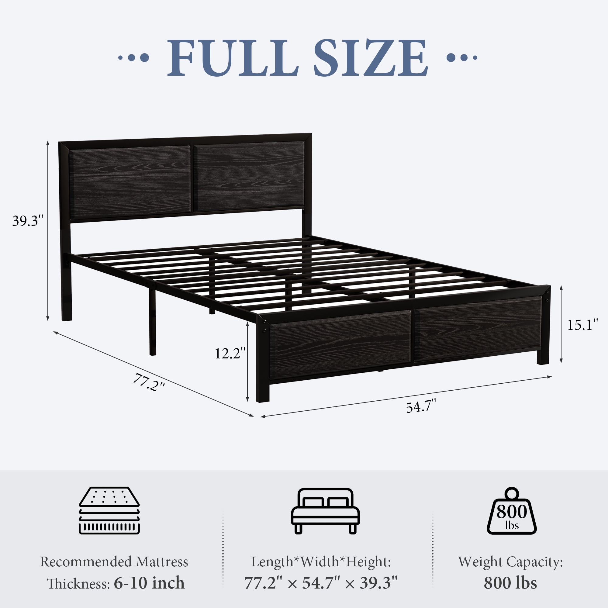 VECELO Queen Metal Bed Frame with Wooden Headboard and Footboard, Heavy Duty Slat Supprt, No Box Spring Needed, Easy Assembly, Black