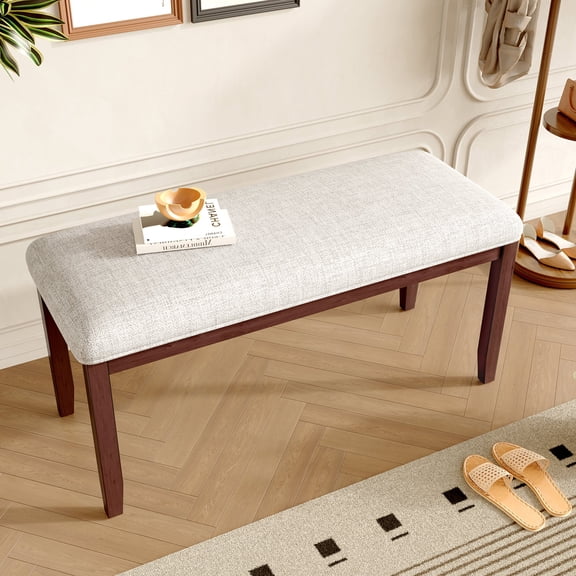FFZ 38"L Upholstered Entryway Bench with Rubber Wood Legs and Linen Seat, Cherry
