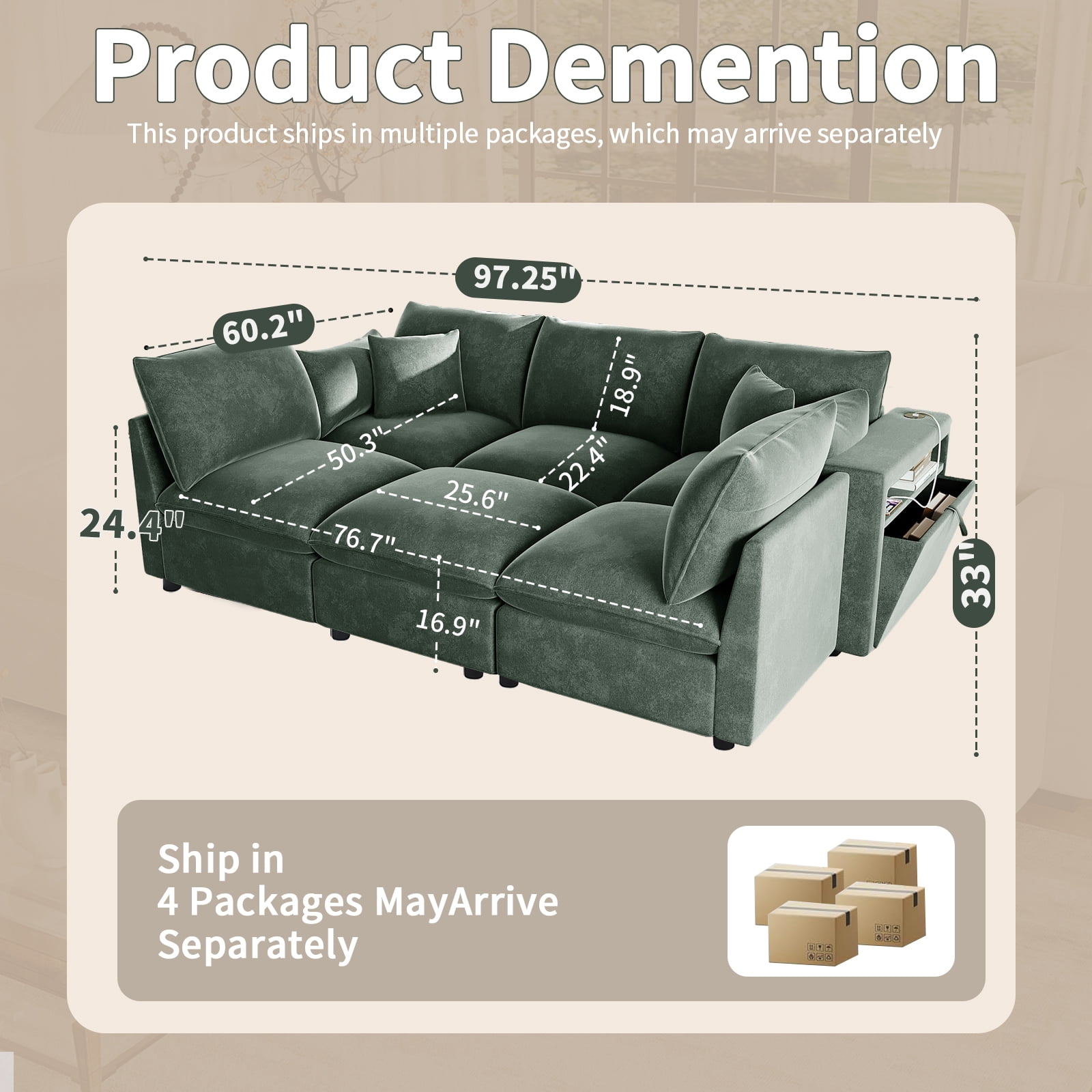 EPOWP 93.7'' Modular Sectional Sofa, U Shaped Cloud Couch with Movable Ottoman, Chenille 6 Seater Sofa Storage Armrests and USB Ports for Living Room (Green)