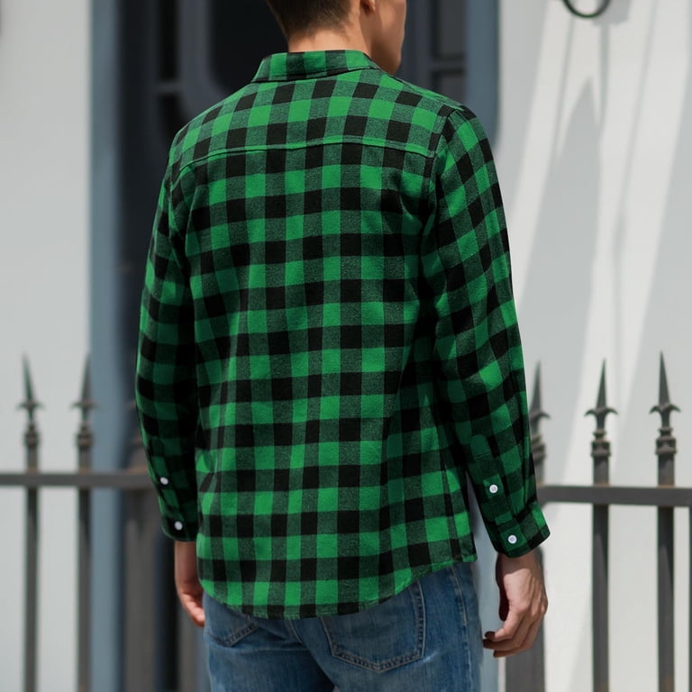 Usnsm Men's Plaid Flannel Shirt Long Sleeve Casual Button Down Shirts Regular Fit Cotton Office Work Tops with Pockets Green S, Size: Small