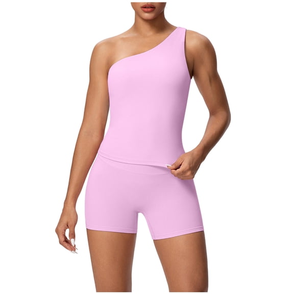 2 Piece Outfits Summer,Womens Workout Sets Summer One Shoulder Athletic Tops Matching Shorts 2 Piece Gym Yoga Active Outfits 2026