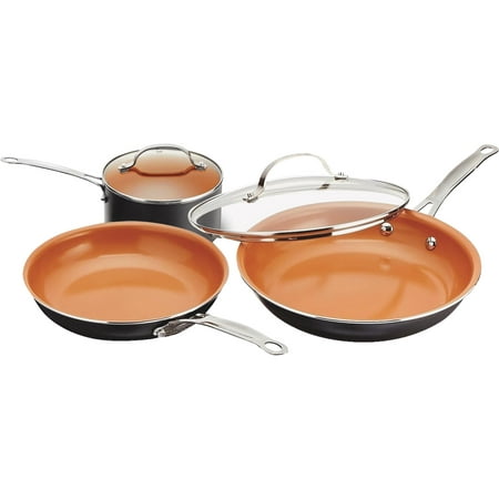 Gotham Steel 5 Piece Kitchen Essentials Cookware Set with Ultra Nonstick Copper Surface Dishwasher Safe, Cool Touch Handles- Includes Fry Pans, Stock Pot, and Glass