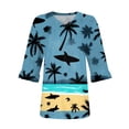 thumbnail image 3 of WTOBBY Women's Hawaiian Print Vacation Shirt V-Neck 3/4 Sleeve Puffy Sleeve Top Beachwear Tunic with Tropical Floral Pattern,Dark Blue L, 3 of 4