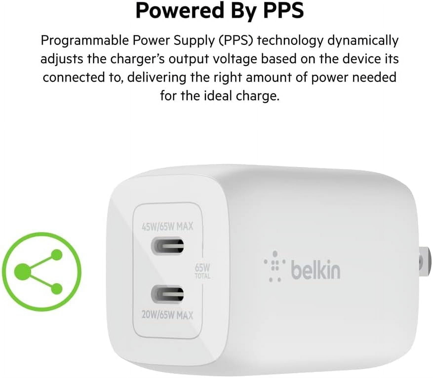 Belkin 65W Dual USB-C Wall Charger, Fast Charging Power Delivery 3.0 w/ GaN Technology for iPhone 16, 15, 14, 13, Pro, Pro Max, iPad, MacBook, Galaxy S25 Ultra, Nintendo Switch 2 & More - White