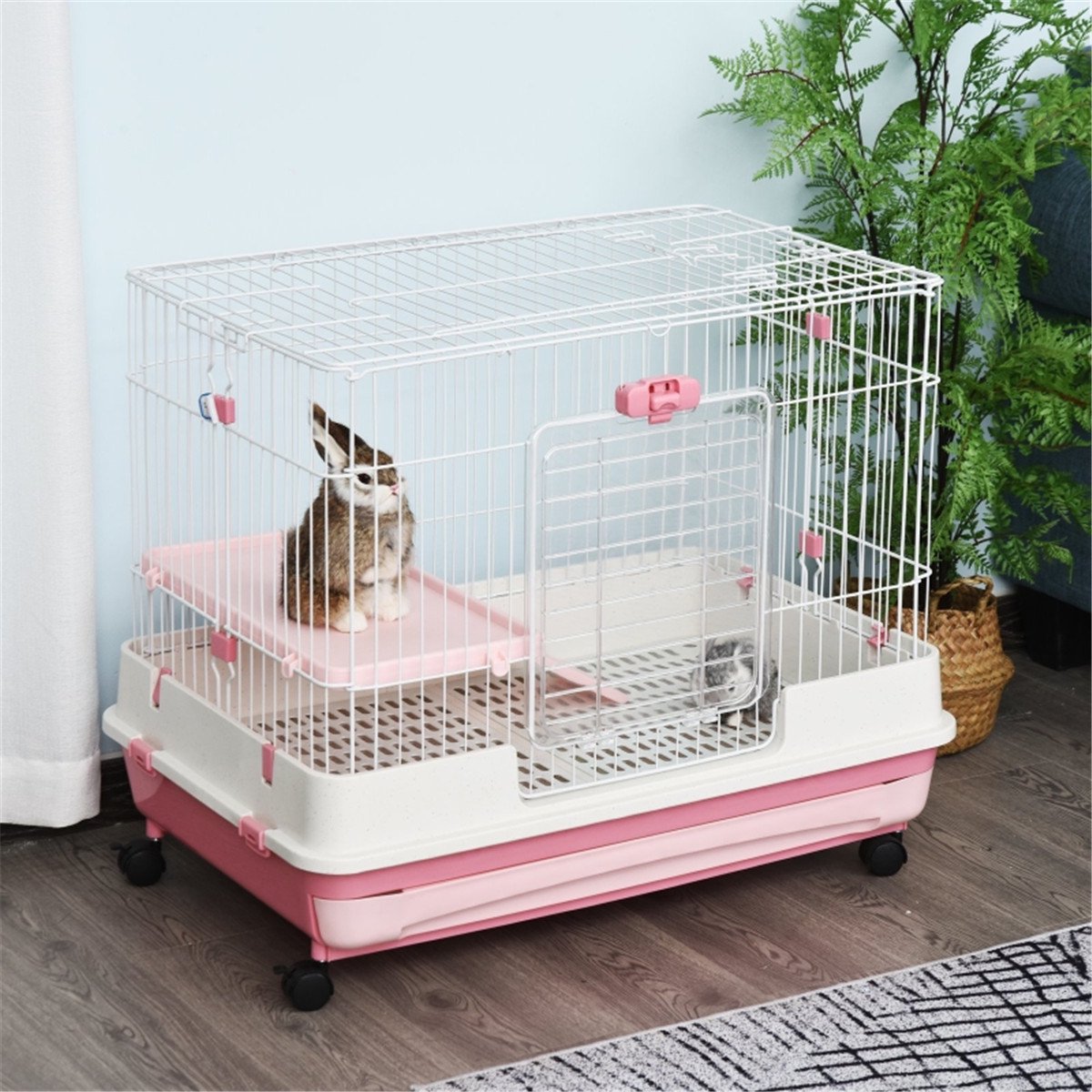 Pink Metal Small Animal Cage with Wheels for Rabbits Chinchillas Guinea Pigs