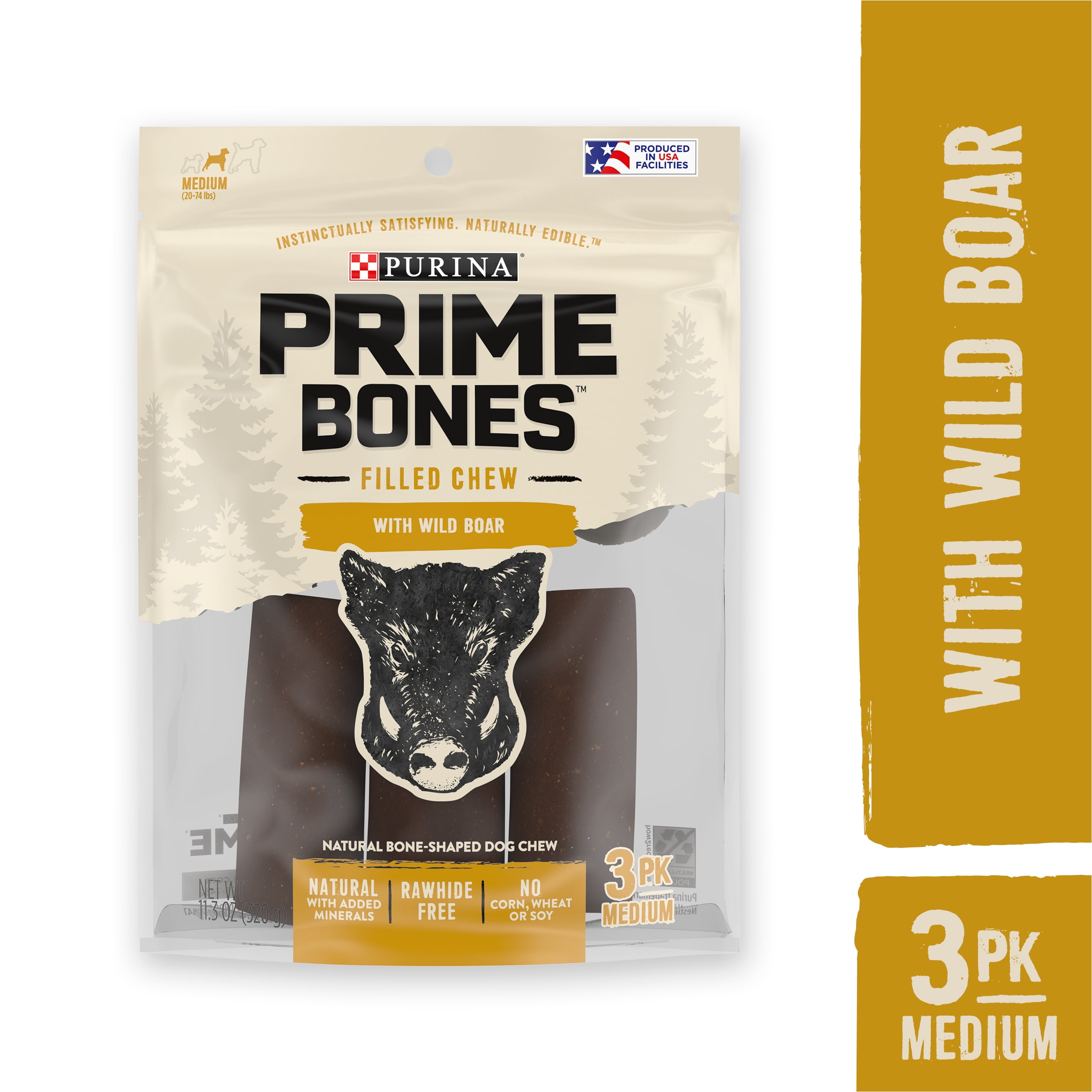 Purina Prime Bones Natural Medium Dog Treats, Filled Chew With Wild Boar, 11.3 oz. Pouch