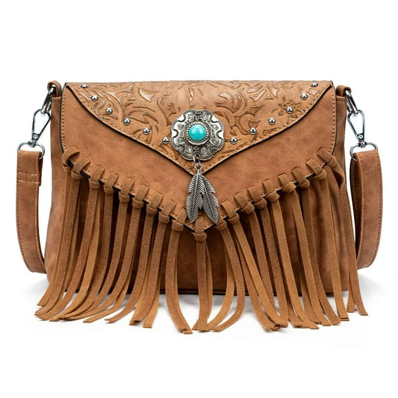 Bandolera LAVAWA pequeña con flecos y borla turquesa para mujer