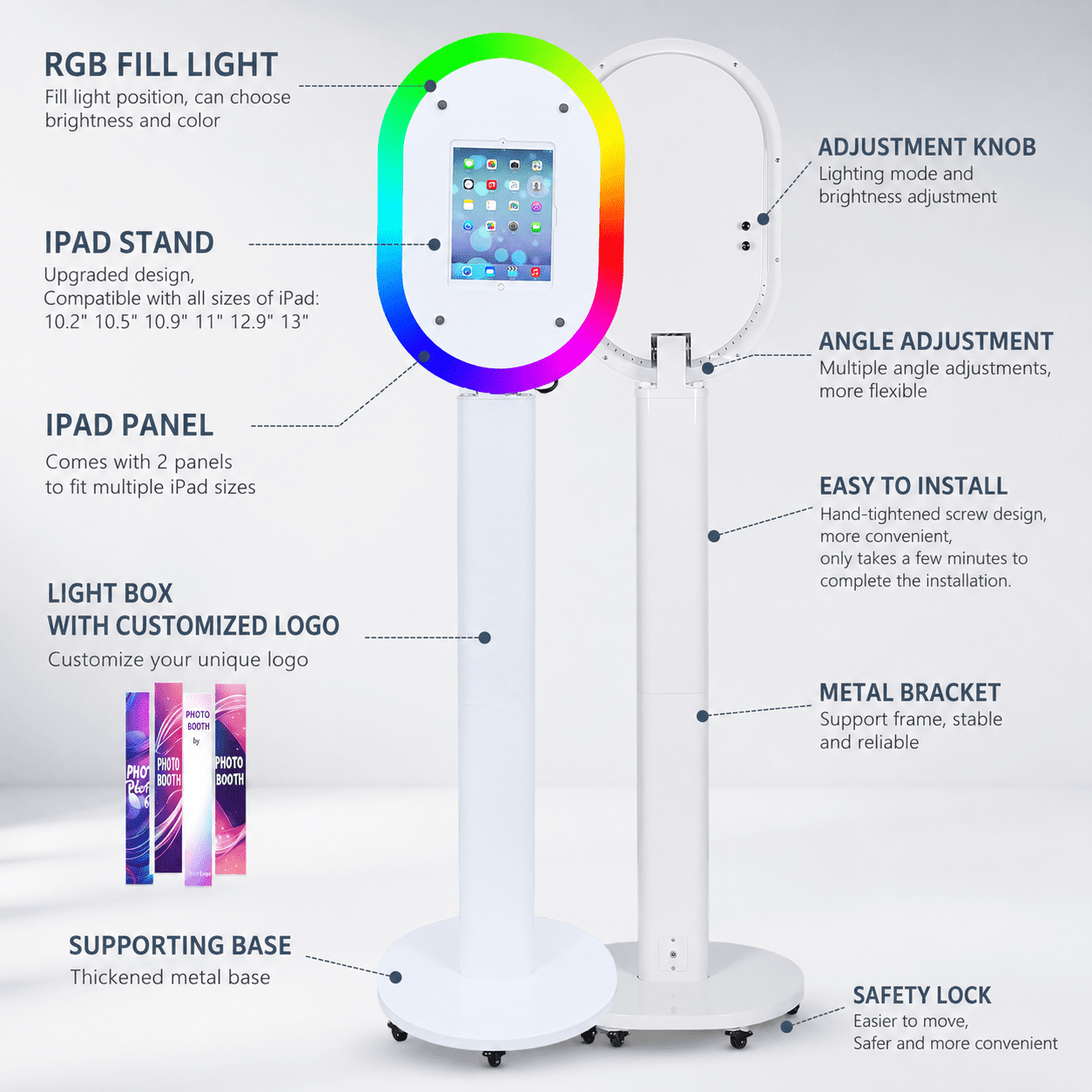 Portable iPad Photo Booth Stand with RGB Ring Light - Compatible with 10.2" to 13" iPad Pro/Air, Party Selfie Station for Weddings & Corporate Events (White/Flight Case)​