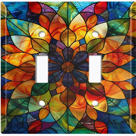 Metal Light Switch Wall Plate Outlet Cover (Printed Image of Coloful Stained Glass Flower - Double Toggle)