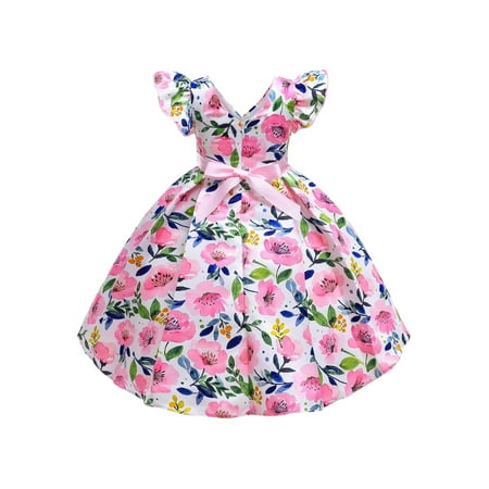 

Sunisery Kids Girls Prom Dress Fly Sleeve Bow Floral A-line Dress Patchwork Princess Dress Party Stage Show Dress Pink 8-9 Years