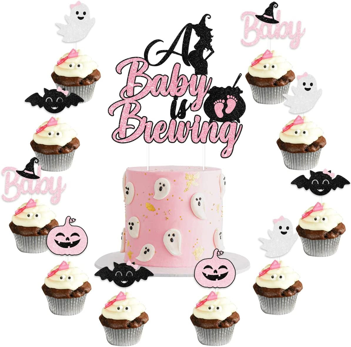 Halloween Baby Shower Cake Decorations - A Baby is Brewing Cake Topper and Pumpkin, Ghost, Baby, Bat Cupcake Toppers, Halloween Themed Gender Reveal Pregnancy Celebration Party Supplies, Total 13 Pcs