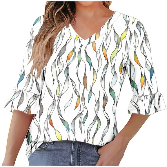 Shirts for Women under $10 3/4 Sleeved V-neck Ruffle Casual Printed Top White L