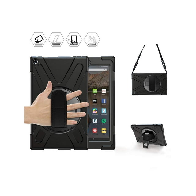 Étui pour Amazon Kindle Fire HD 10 2017 2018 2019, Coque de Protection Antichoc avec Sangle Rotative et Support