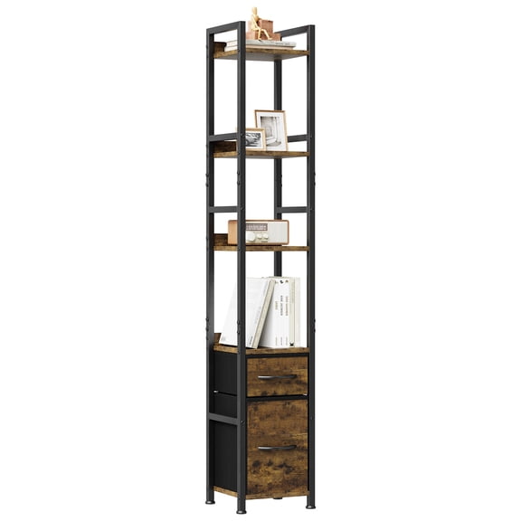 6-Tier Narrow Bookshelf with 2 Fabric Drawers, Space-Saving Vertical Storage Rack for Bedroom Living Room Office, Rustic Brown/Black