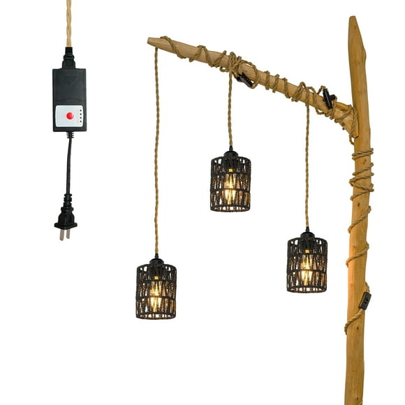 FSLiving Automatically Hanging Swag Lamp no Wiring Needed Portable Twine Natural Rattan Shade 3 Lights Pendants, 15ft Plug-in Cord by Smart Plug Timer Smart Plant Light for Vaulted Ceiling Black
