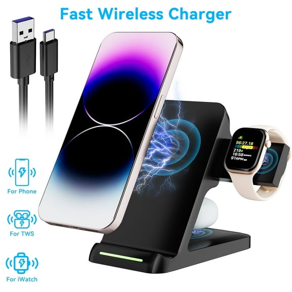 Wireless Charger, 3 in 1 Charging Station , Compatible with iPhone and iWatch AirPods (black)