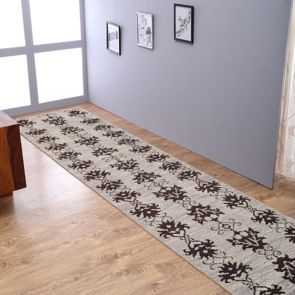 HAND KNOTTED WOOL FLORAL MODERN AREA RUGS - 2'6''x10', Runner Shape, Brown Color, Classic Traditional Design, Low Pile Handmade Area Rugs for Living Room, Bed Room (N00921)