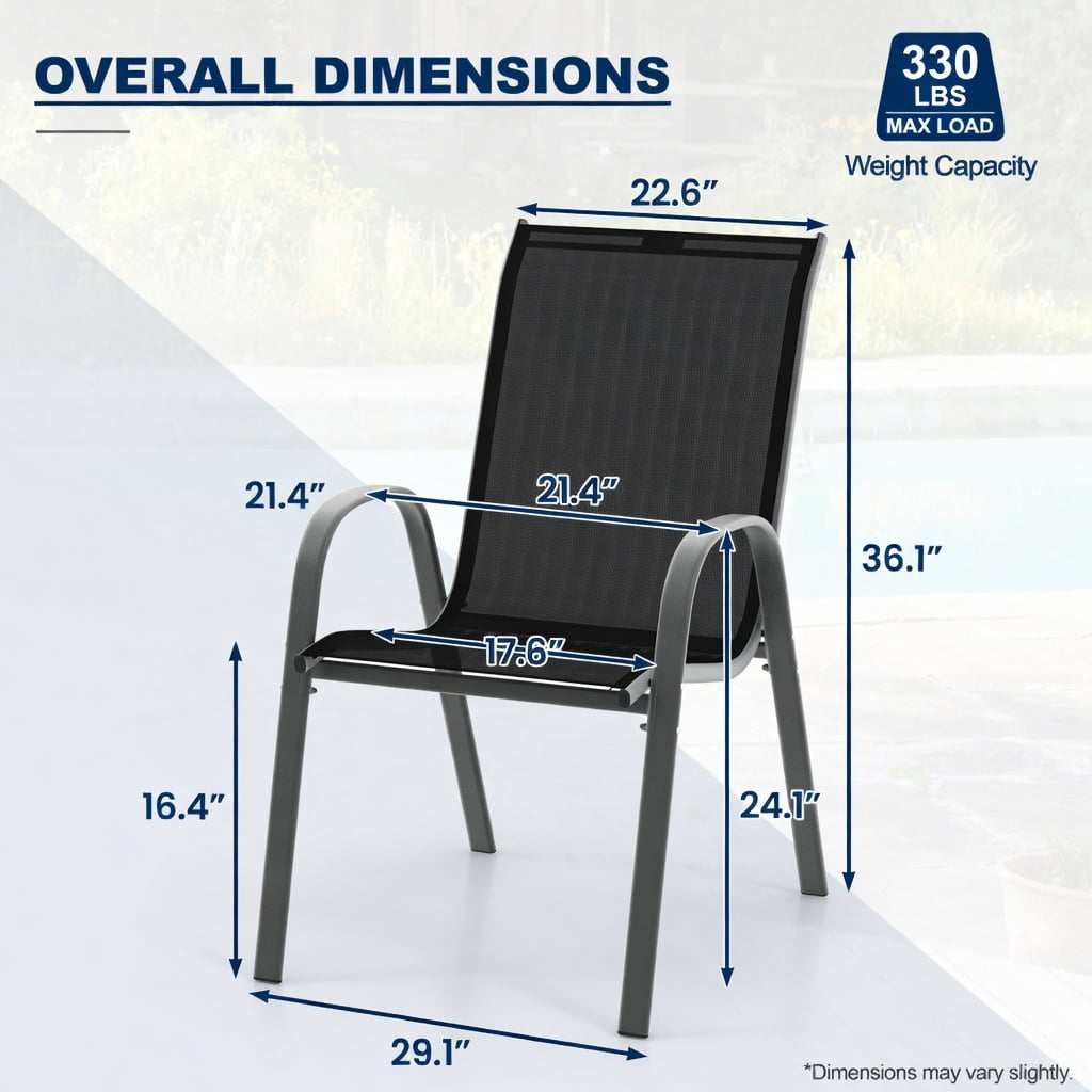 Hommoo 2-Pack Stackable Outdoor Dining Chairs with Armrests, Fabric, Steel Frame, Ergonomic Design for Patio, Deck or Balcony, Black