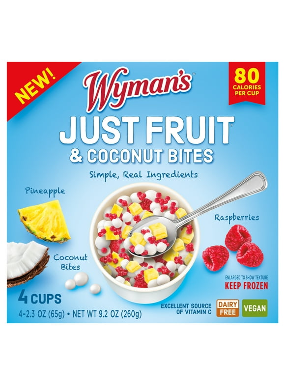 Wyman's Just Fruit & Coconut Bites with Pineapple and Raspberry, 4 Pack of 2.3 oz Cups (Frozen)