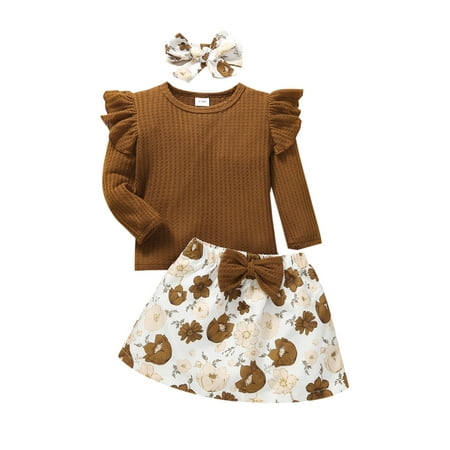 

Binpure Kids Summer Tracksuit Girls Solid Color Round-Neck Long Sleeves Tops + Floral Skirt + Headband