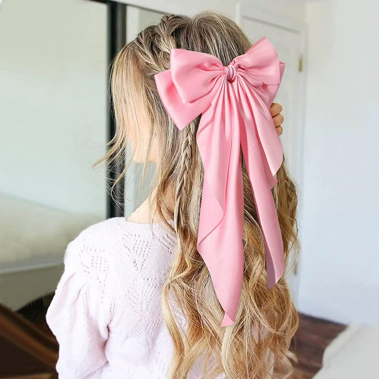 1PC Satin Hair Bows for Women Large Hair Barrettes Ribbon for Girls Giant  Long Bow Hair Clips Ponytail Holder Silk Big Hair Clips Accessories for  Women(Pink) 