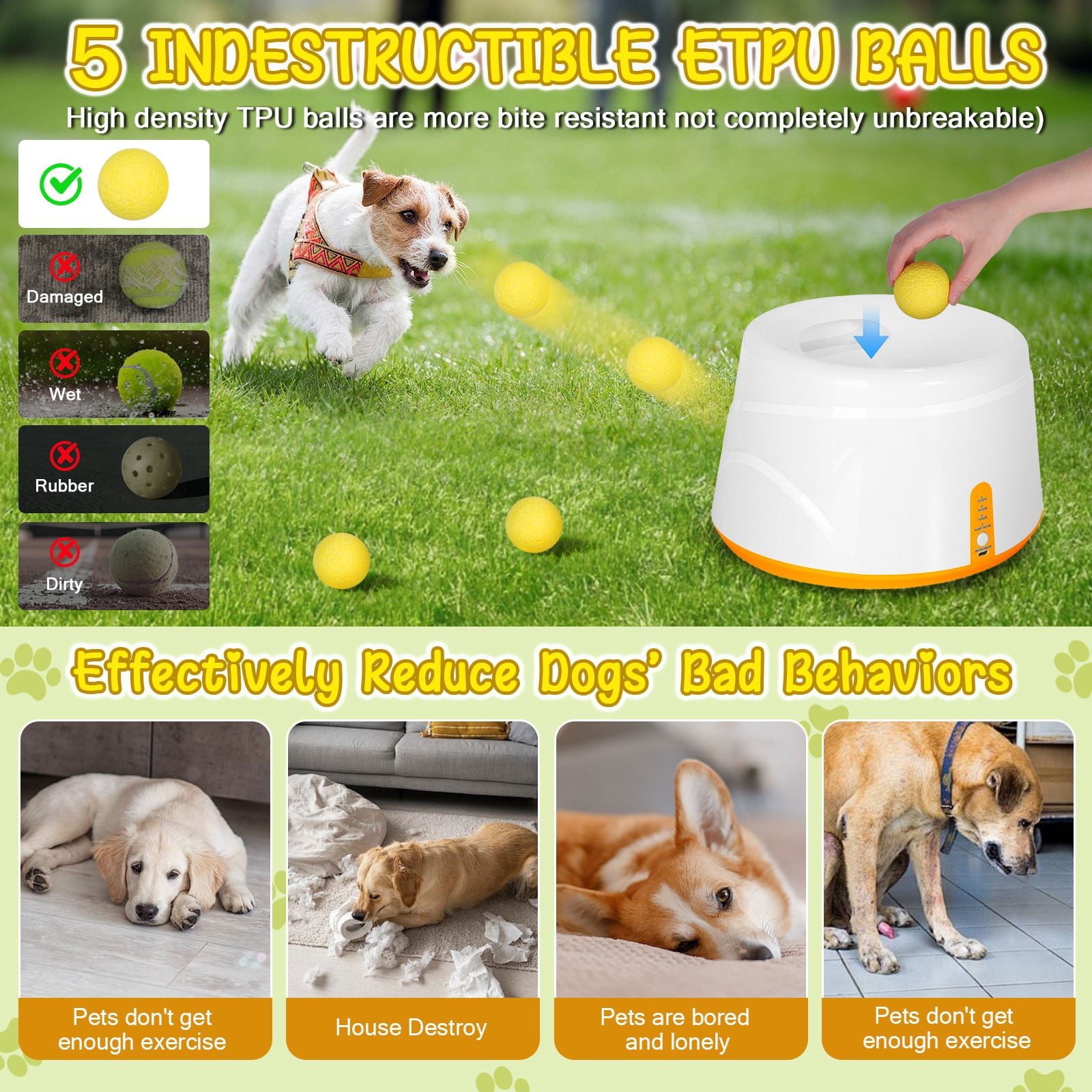 TOPCHANCES Automatic Tennis Ball Launcher for Dogs, Interactive Dog Toys for Samall & Medium Dogs, Dog Ball Thrower with 3 Launching Distance (19/32/45 ft), 5 Balls Included (Orange)