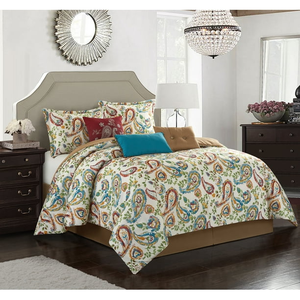 Lanco Paisley Floral 7-Piece Comforter Set, White Blue Brown ...