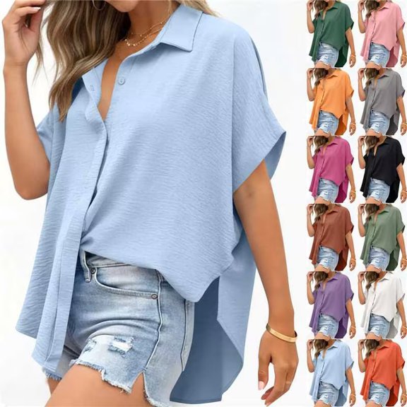 Horkkom Womens Summer Tops Short Sleeve Solid Color Button Down Shirts Collared Loose Casual Tops Slit Side L