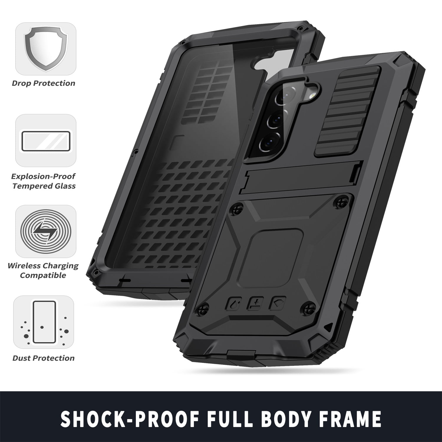 ELEHOLD for Samsung Galaxy S23 Plus 6.6" Case, Heavy Duty Armor Built-in Explosion-Proof Tempered Glass Screen Protector Wireless Charging Hang Rope Hidden Kickstand Shockproof Rugged Case,Black