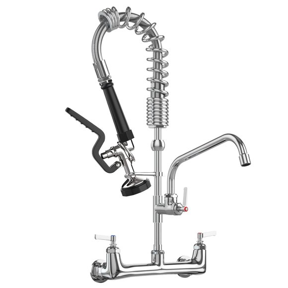 Grifo Comercial Para Fregadero De Cocina De Montaje En Pared Con Pulverizador, 21 Pulgadas De Altura, 8 Pulgadas De Altura, Complemento Central De 8 Pulgadas, Pulverizador De Preenjuague Con Caño Osci
