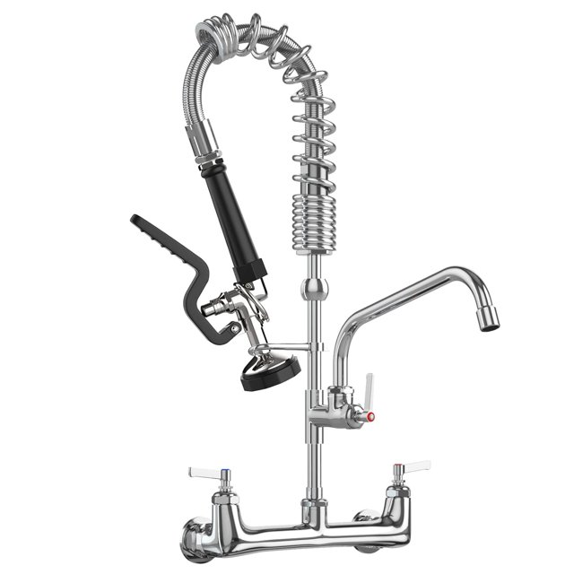 Grifo Comercial Para Fregadero De Cocina De Montaje En Pared Con Pulverizador, 21 Pulgadas De Altura, 8 Pulgadas De Altura, Complemento Central De 8 Pulgadas, Pulverizador De Preenjuague Con Caño Osci