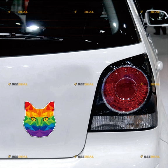 Geometric Art Cat Face LGBT Gay Pride Rainbow Car Magnet Sticker Magnetic Decal - 2 Pack Reflective 4" 5" - for Truck Door Fridge Reusable Waterproof