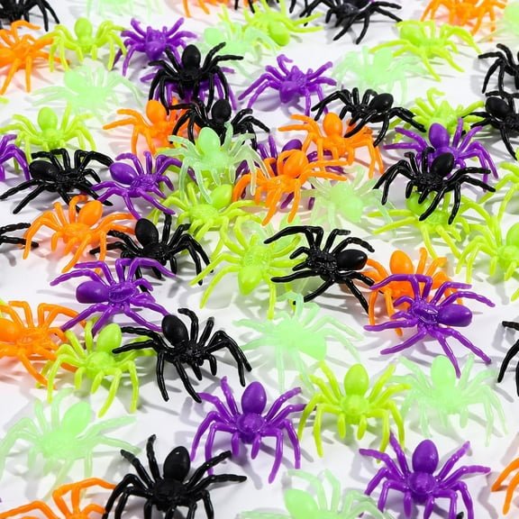 Monebena 150 PCS Halloween Realistic Spiders Decoration, Small Colorful Plastic Fake Spider Toys Glow in The Dark Prank Props for Halloween Party Supplies Home Decor (5 Colors) M01