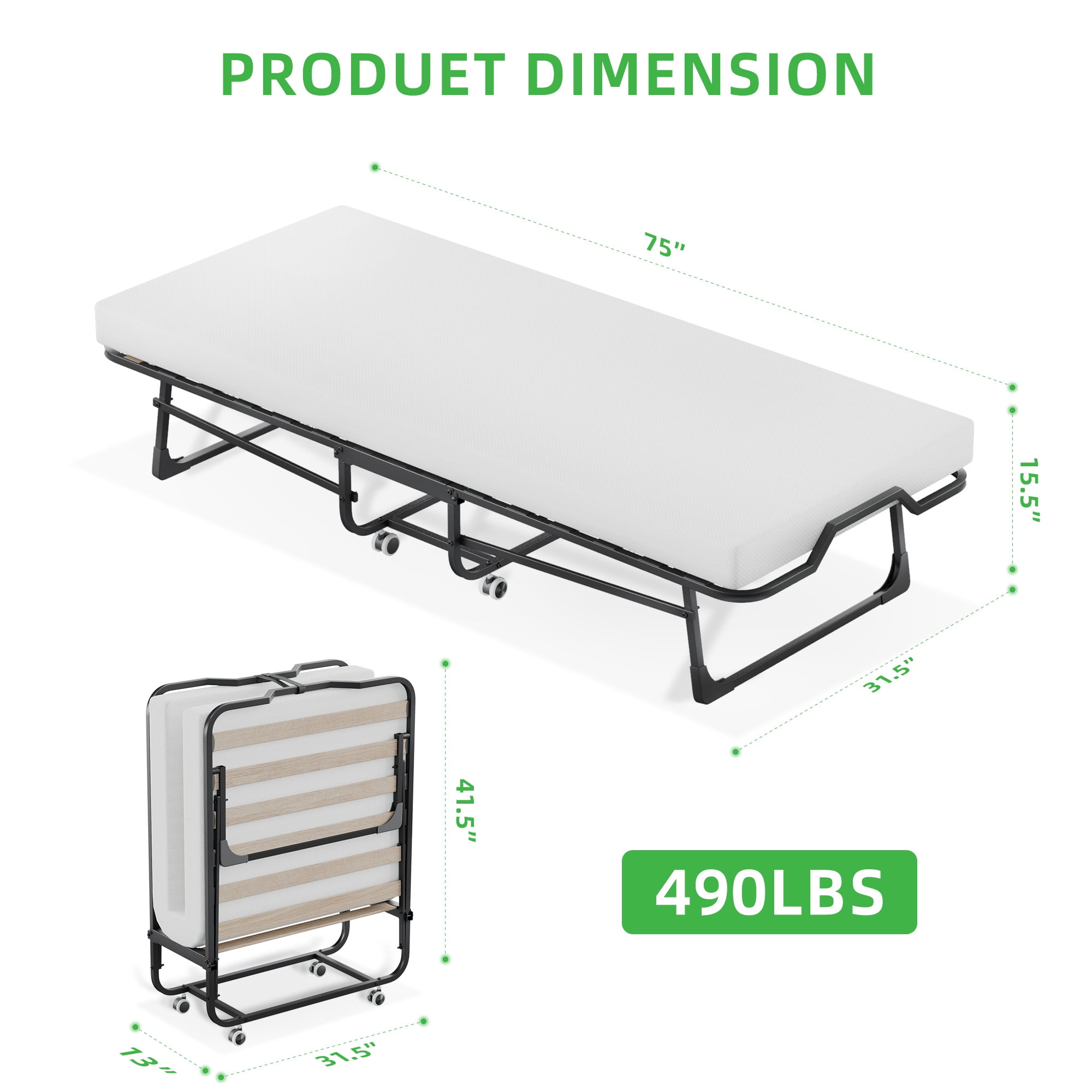 Vebreda Folding Bed with Mattress for Adults, Cot Size Rollaway Bed, Portable Foldable Bed with Mattress & Metal Frame for Easy Storage, 75"x 31"