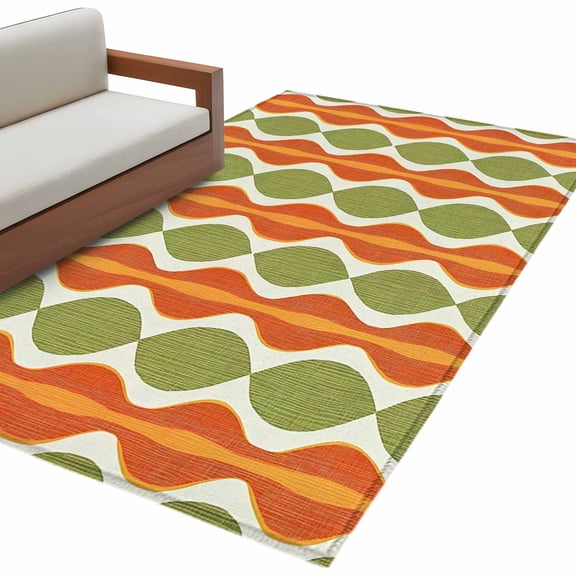 Orange Green Geometric Large Area Rugs for Bedroom Living Room, Soft Non Slip Carpet Bedside Rug, Abstract Moire Modern Vintage Rectangular Floor Cover Kitchen Accent Rug 3'x5' for Dining Room/Office