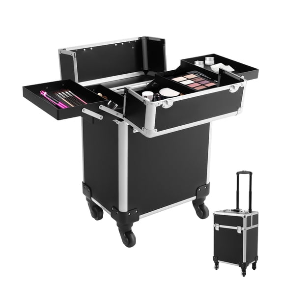 Miumaeov Rolling Makeup Case with Wheels, Professional Cosmetic Box on Wheels, Large Train Case with 4 Trays for Nail Art Hair Styling