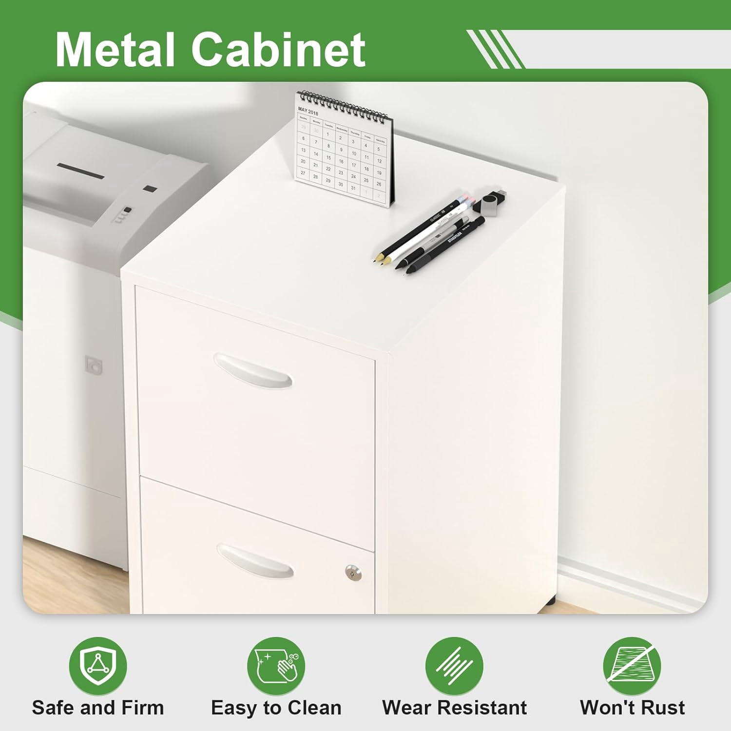 2 Drawer File Cabinet with Lock,White Small Filing Cabinet for Home Office, Metal Vertical File Under Desk Cabinet for A4/Letter,Assembly Required