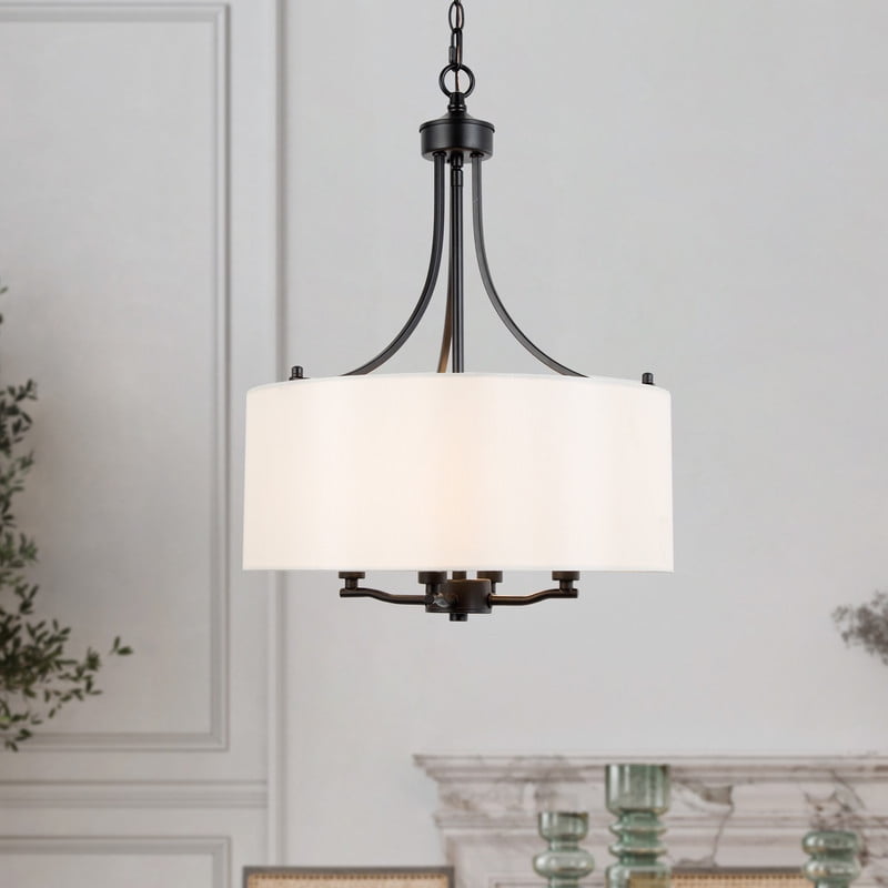 LNC 16-in Black Drum Pendant Light with Linen Shade, Adjustable for Dining & Entryway
