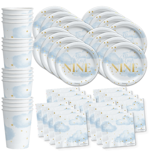 On Cloud Nine Birthday Party Supplies - Bridal Shower Tableware Set Includes Plates Napkins Cups - Kit for 16