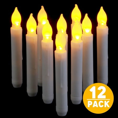 TSV 12PCS Battery Operated Flameless LED Taper Candles Lights, 0.9 x 6.5 Inch, for Wedding, Birthday, Churches, Christmas, Amber