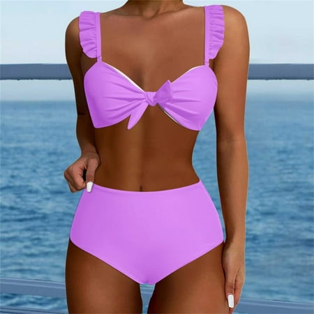 Ovticza Womens High Waisted Bikini Sets Ruffle Cheeky Tummy Control Full Coverage Push Up Solid Two Piece Swimsuits Purple M
