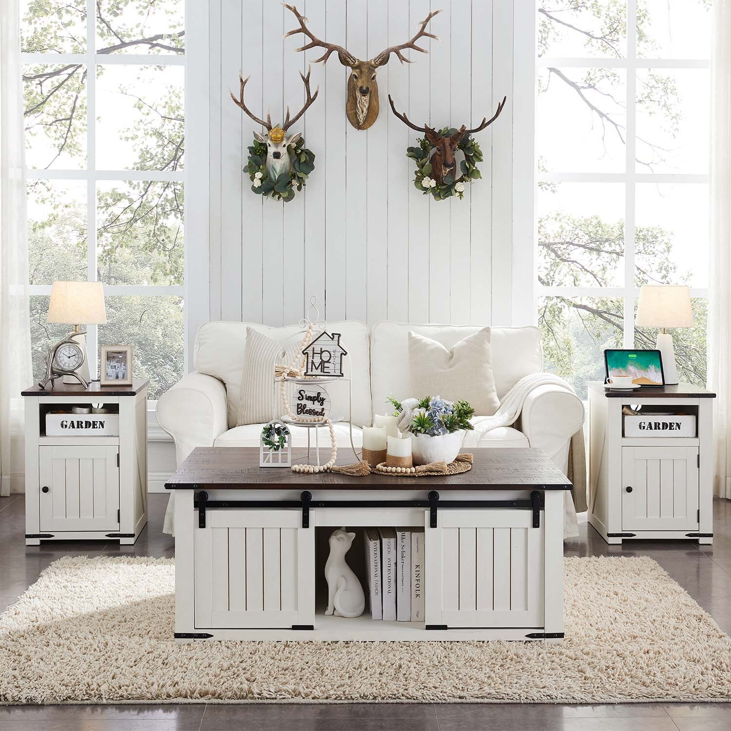 IFGET Farmhouse Nightstand with Charging Station, End Table with Banr Door Storage Cabinet & USB Ports & Power Outlets for Bedroom Living Room